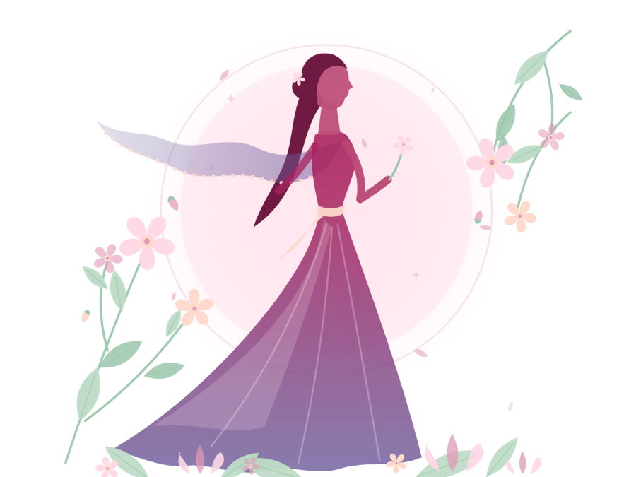 Illustration einer Frau in einem fließenden Kleid zwischen Blumen